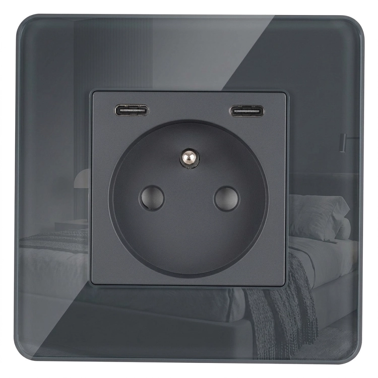 Steckdose Glas Hochglanz + Doppeltes USB C+C Ladegerät 20W Grau MIUUN