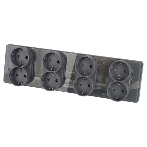 Vierfach-Steckdose Glas Hochglanz Schuko Grau Vierfachrahmen Und 4 X Steckdose