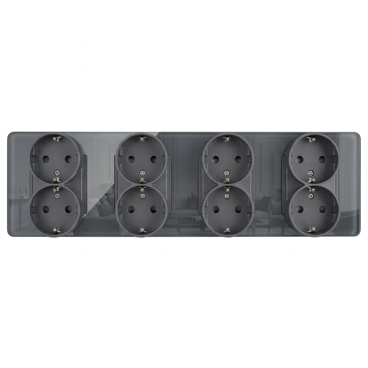 Vierfach-Steckdose Glas Hochglanz Schuko Grau Vierfachrahmen Und 4 X Steckdose