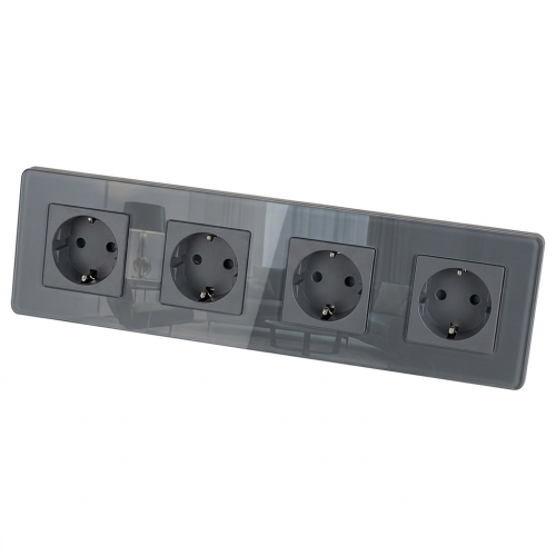 Vierfach-Steckdose Glas Hochglanz Schuko Grau Vierfachrahmen Und 4 X Steckdose