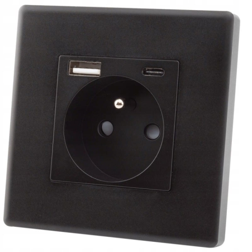 Steckdose Schwarz Mit Erdungsstift + Steckdose USB A+C 20W Set Mit Rahmen PVC