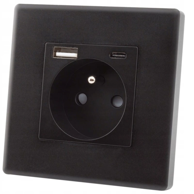 Steckdose Schwarz Mit Erdungsstift + Steckdose USB A+C 20W Set Mit Rahmen PVC