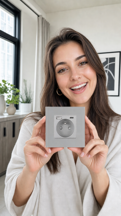 Steckdose Mit Erdungsstift Glas Grau + Doppel-USB-Ladesteckdose 20W Typ A+C