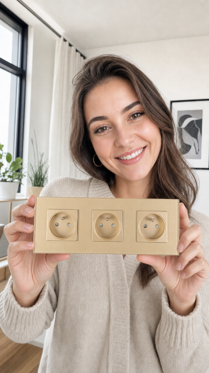 Glas-Steckdose Dreifach Gold Set Dreifachrahmen Und 3 X Steckdose