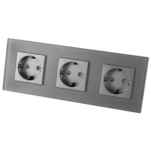 MIUUN Dreifach-Glassteckdose MATT Grau Schuko, Dreifachrahmen und 3 x Steckdose