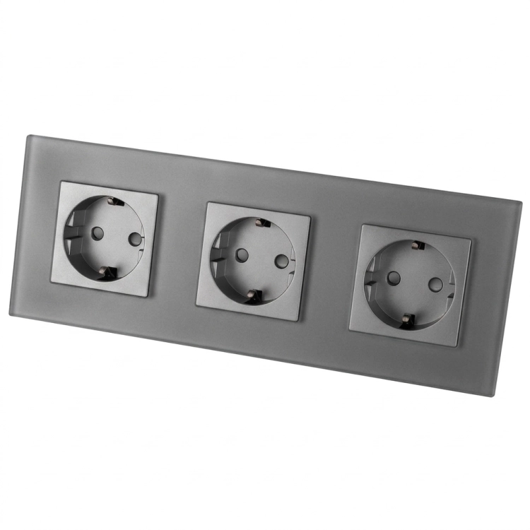 MIUUN Dreifach-Glassteckdose MATT Grau Schuko, Dreifachrahmen und 3 x Steckdose
