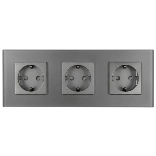 MIUUN Dreifach-Glassteckdose MATT Grau Schuko, Dreifachrahmen und 3 x Steckdose