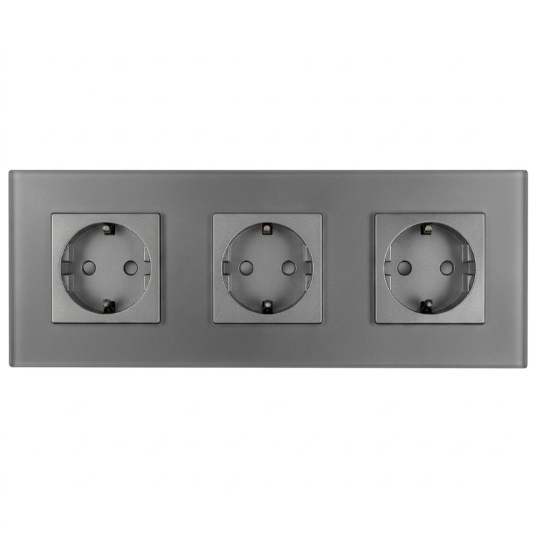 MIUUN Dreifach-Glassteckdose MATT Grau Schuko, Dreifachrahmen und 3 x Steckdose
