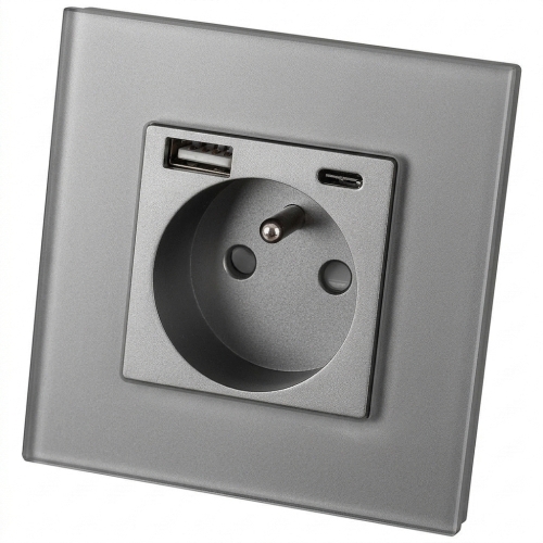 Steckdose Glas MATT mit Erdungsstift + Doppeltes USB A+C Ladegerät 20W MIUUN