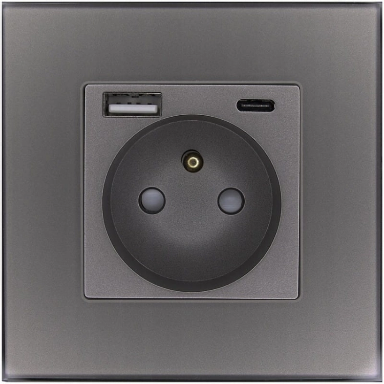 Steckdose Mit Erdungsstift Glas Grau + Doppel-USB-Ladesteckdose 20W Typ A+C