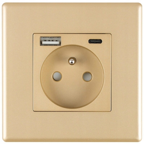 Steckdose Mit Erdungsstift Gold + USB A+C Steckdose 20W Set Mit PVC-Rahmen