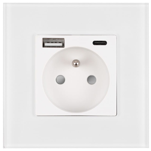 Steckdose Mit Erdungsstift Glas Weiß + Doppel-USB-Ladesteckdose 20W Typ A+C