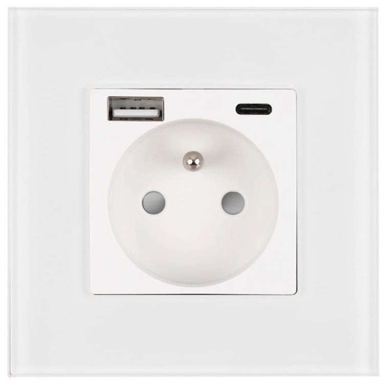 Steckdose Mit Erdungsstift Glas Weiß + Doppel-USB-Ladesteckdose 20W Typ A+C