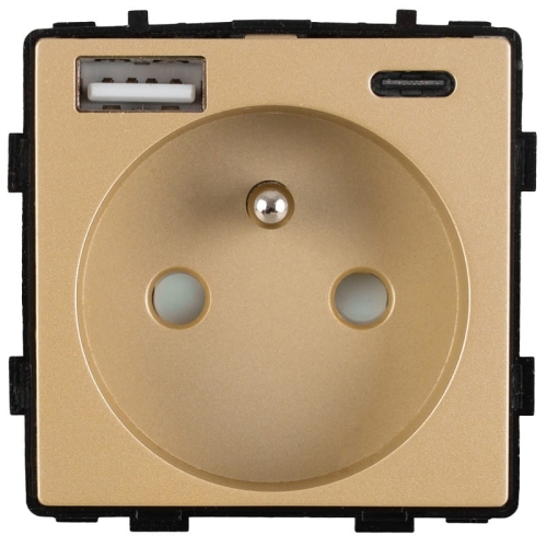 Modul Steckdose Mit Erdungsstift + Doppelte USB-Ladesteckdose Typ A+C 20W Gold Für Rahmen